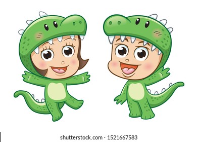 Children dressed up with dinosaur costume mascot. cartoon vector illustration 