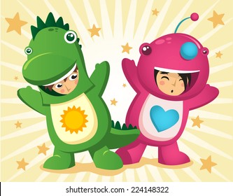 Children dressed up with dinosaur garment mascot  cartoon vector illustration