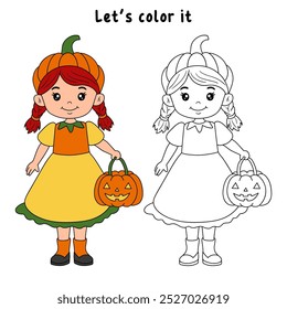 Children dressed in Halloween costume to go Trick or Treating. Cute little girl celebrate halloween coloring pages for kids. Trace and color halloween. Coloring books. Worksheets printable for kids. 
