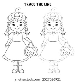 Children dressed in Halloween costume to go Trick or Treating. Cute little girl celebrate halloween coloring pages for kids. Trace and color halloween. Coloring books. Worksheets printable for kids. 