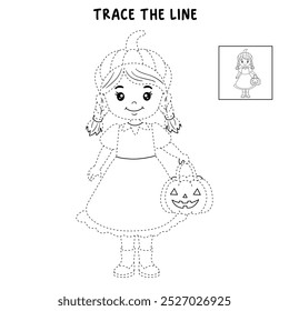 Children dressed in Halloween costume to go Trick or Treating. Cute little girl celebrate halloween coloring pages for kids. Trace and color halloween. Coloring books. Worksheets printable for kids. 