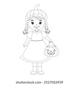 Children dressed in Halloween costume to go Trick or Treating. Cute little girl celebrate halloween coloring pages for kids. Trace and color halloween. Coloring books. Worksheets printable for kids. 