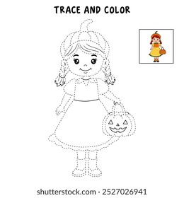 Children dressed in Halloween costume to go Trick or Treating. Cute little girl celebrate halloween coloring pages for kids. Trace and color halloween. Coloring books. Worksheets printable for kids. 