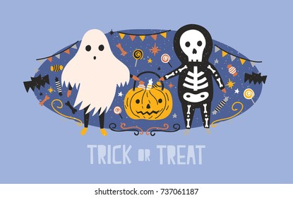 Children dressed in Halloween costumes of ghost and skeleton carrying pumpkin bag full of candies, lollipops and sweets against holiday decorations on background. Trick or treat. Vector illustration.