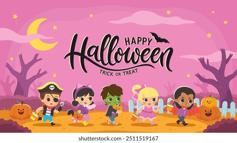 Niños vestidos con disfraces de Halloween para ir de truco o trato. Disfraz de Halloween para niños en vacaciones espeluznantes. Plantilla para folleto publicitario.