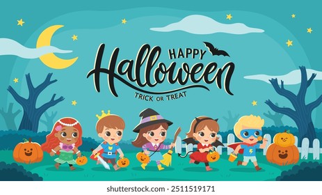 Niños vestidos con disfraces de Halloween para ir de truco o trato. Disfraz de Halloween para niños en vacaciones espeluznantes. Plantilla para folleto publicitario.