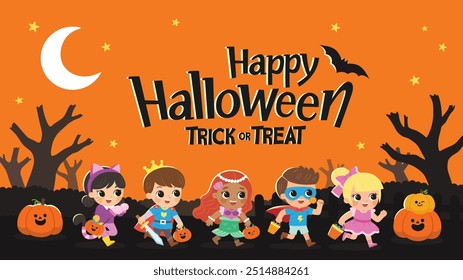 Children dressed in Halloween costumes to go Trick or Treating. Halloween costume kids in spooky holiday. Template for advertising brochure.