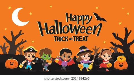 Niños vestidos con disfraces de Halloween para ir de truco o trato. Disfraz de Halloween para niños en vacaciones espeluznantes. Plantilla para folleto publicitario.