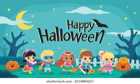 Niños vestidos con disfraces de Halloween para ir de truco o trato. Disfraz de Halloween para niños en vacaciones espeluznantes. Plantilla para folleto publicitario.