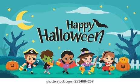 Niños vestidos con disfraces de Halloween para ir de truco o trato. Disfraz de Halloween para niños en vacaciones espeluznantes. Plantilla para folleto publicitario.