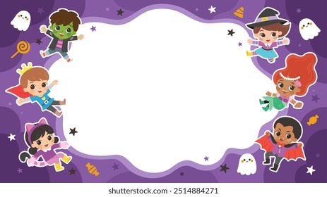 Niños vestidos con disfraces de Halloween para ir de truco o trato. Disfraz de Halloween para niños en vacaciones espeluznantes. Plantilla para folleto publicitario.