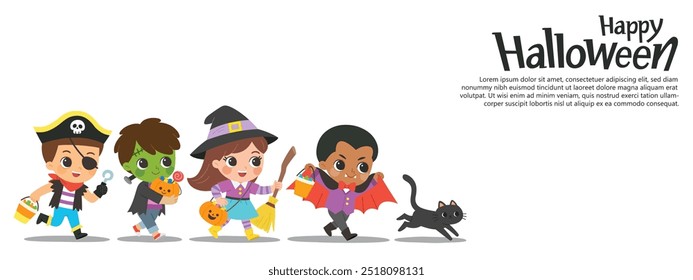 Children dressed in Halloween costumes to go Trick or Treating with a cat. Halloween costume kids in spooky holiday. Template for advertising brochure.