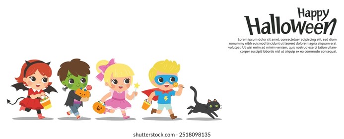 Children dressed in Halloween costumes to go Trick or Treating with a cat. Halloween costume kids in spooky holiday. Template for advertising brochure.