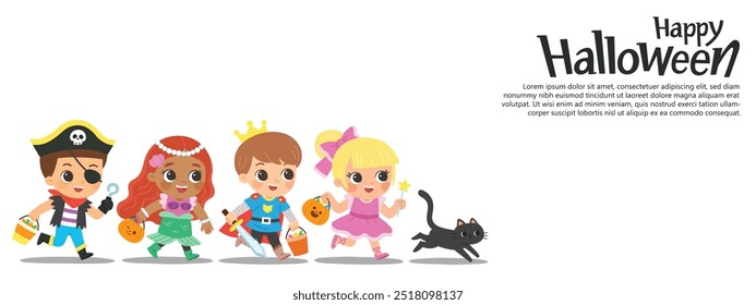 Niños vestidos con disfraces de Halloween para ir de truco o trato con un gato. Disfraz de Halloween para niños en vacaciones espeluznantes. Plantilla para folleto publicitario.