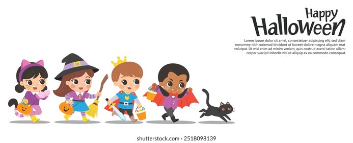 Children dressed in Halloween costumes to go Trick or Treating with a cat. Halloween costume kids in spooky holiday. Template for advertising brochure.