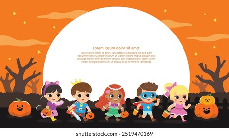 Children dressed in Halloween costumes to go Trick or Treating. Halloween costume kids in spooky holiday. Template for advertising brochure.