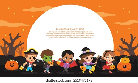 Niños vestidos con disfraces de Halloween para ir de truco o trato. Disfraz de Halloween para niños en vacaciones espeluznantes. Plantilla para folleto publicitario.