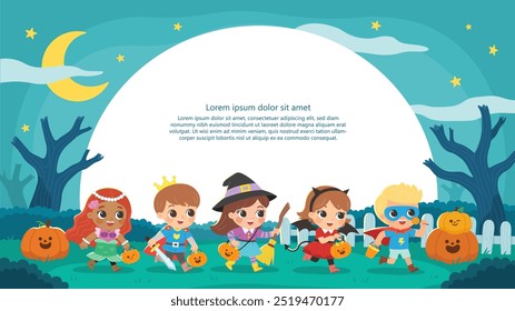 Children dressed in Halloween costumes to go Trick or Treating. Halloween costume kids in spooky holiday. Template for advertising brochure.