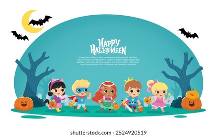 Niños vestidos con disfraces de Halloween para ir de truco o trato. Disfraz de Halloween para niños en vacaciones espeluznantes. Plantilla para folleto publicitario.