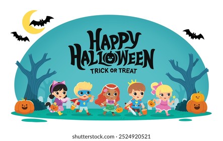 Niños vestidos con disfraces de Halloween para ir de truco o trato. Disfraz de Halloween para niños en vacaciones espeluznantes. Plantilla para folleto publicitario.