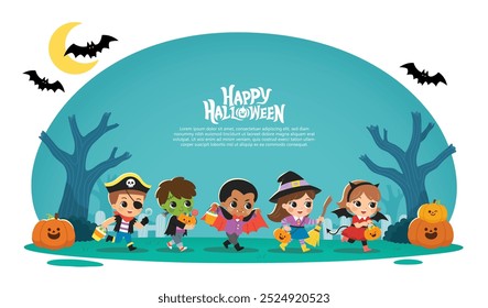 Crianças vestidas com trajes de Halloween para fazer Truques ou Tratamentos. Crianças fantasiadas de Halloween em feriado assustador. Modelo para folheto de publicidade.