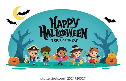 Niños vestidos con disfraces de Halloween para ir de truco o trato. Disfraz de Halloween para niños en vacaciones espeluznantes. Plantilla para folleto publicitario.