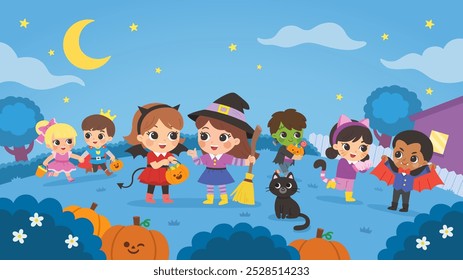 Children dressed in Halloween costumes to go Trick or Treating for candy. Kid in Halloween costume standing in garden and talking to friend. Spooky holiday.