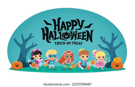 Niños vestidos con disfraces de Halloween para ir de truco o trato. Disfraz de Halloween para niños en vacaciones espeluznantes. Plantilla para folleto publicitario.