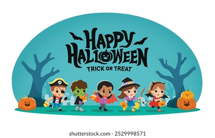 Niños vestidos con disfraces de Halloween para ir de truco o trato. Disfraz de Halloween para niños en vacaciones espeluznantes. Plantilla para folleto publicitario.