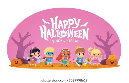 Niños vestidos con disfraces de Halloween para ir de truco o trato. Disfraz de Halloween para niños en vacaciones espeluznantes. Plantilla para folleto publicitario.