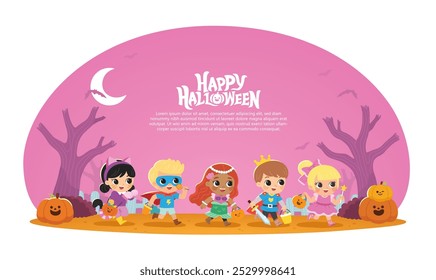 Niños vestidos con disfraces de Halloween para ir de truco o trato. Disfraz de Halloween para niños en vacaciones espeluznantes. Plantilla para folleto publicitario.