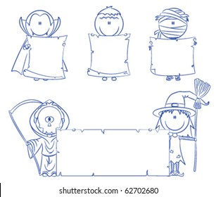 Children dressed in Halloween costumes holding empty banner for your message