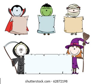 Children dressed in halloween costumes holding empty banner for your message