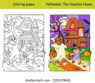 Children dressed up in Halloween costumes walk past a haunted house. Halloween concept. Kids coloring book page and color template. Vector cartoon illustration. For print, decor, education and game