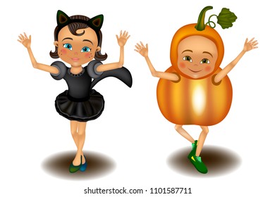 Children dressed in Halloween fancy dress. Kids wearing monsters costumes. Vector Illustration