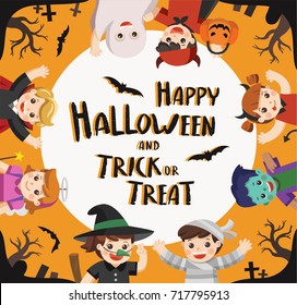 Children dressed in Halloween fancy dress to go Trick or Treating.
Happy Halloween. Template for advertising brochure.