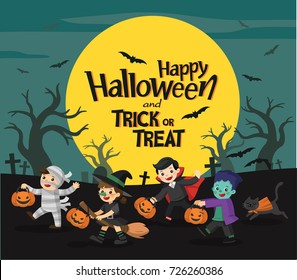 Children dressed in Halloween fancy dress to go Trick or Treating.
Happy Halloween. Template for advertising brochure.