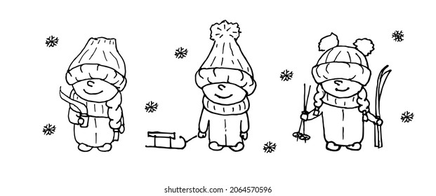 Children dressed in hats, gloves, winter jackets. Children in winter. Vector illustration. Children with skates, with skis, with sleds
