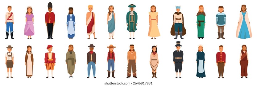  Crianças vestidas trajes históricos ícones conjunto. Diversos grupos de indivíduos apresentando trajes tradicionais de várias culturas e períodos históricos