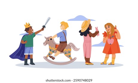 Children dressed as a king, knight, farmer, and princess with toys on a white background. Flat graphic style. Concept of childhood imagination. Vector illustration