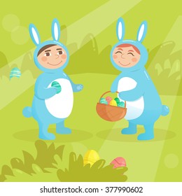 Children dressed as rabbits on garss. Easter card. Vector isolated illustration. Cartoon character. Holiday