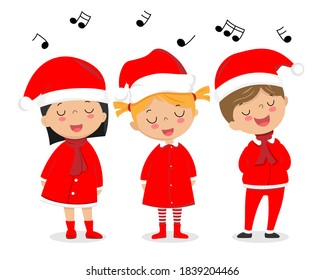 Children dressed as Santa Claus singing Christmas songs