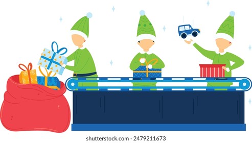 Children dressed Santas elves pack gifts into large red bag isolated white background vector illustration. Boys girls green costumes work together prepare holiday presents. Kids place wrapped boxes