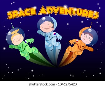 Children dressed in spacesuits fly in an outer space, leaving superheroic jet streams