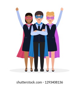 Children dressed in superhero costumes, characters in flat style, a boy and two girls, a super team vector illustration