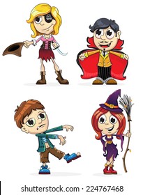 Children dressed as a vampire, zombie, witch and pirate. Halloween characters on a white background