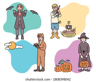 Children dressed as vampires, pirates, werewolves, and witches. hand drawn style vector design illustrations. 