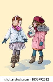 Children dressed in warm clothes are walking on the street in winter A girl in a pink jackegoes with her arms out to the sides. The kid shows a hare toy. Friends walk outside in cold weather