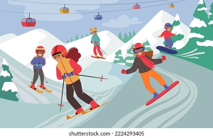 Children Dressed In Winter Clothing Snowboarding And Skiing at Mountain Resort with Funicular. Male And Female Kids Ski And Snowboard Riders Winter Sports Activity. Cartoon Vector Illustration