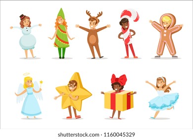 Children Dressed As Winter Holidays Symbols For The Costume Christmas Carnival Party